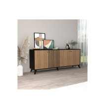 Buffet con 4 Puertas y Patas de Madera en Melamina Roble y Negro, 180x40x78,6 cm