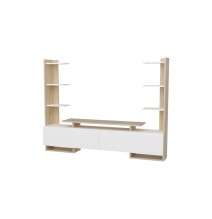 Mueble TV de Roble y Blanco, 183,6x31,5x140cm, con 2 Puertas Abatibles y Múltiples Estantes – Mueble de salón completo Moderno.