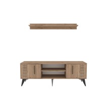 Mueble para TV en Melamina Color Natural y Negro, 160x35x51 cm, con Estantes y Puertas Abatibles - Ideal para Sala de Estar